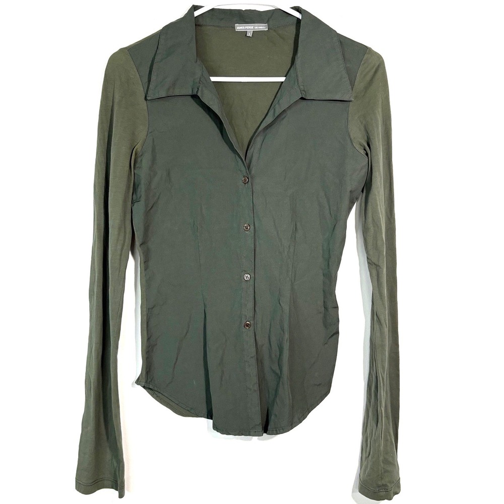 James Perse Los Angeles Olive‎ Green Collared Minimalist Quiet Luxury Womens